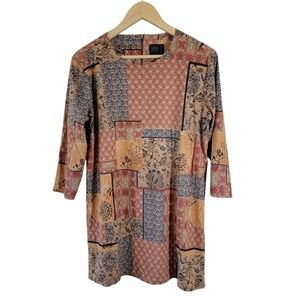 Mely New York Floral Patchwork Tunic Dress L Faux Suede 3/4 Sleeve Cottagecore